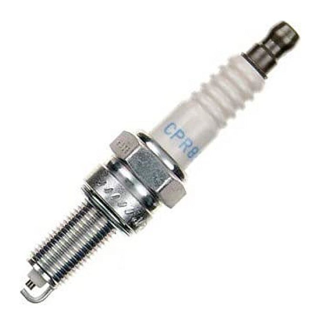 NGK CPR8E spark plug, OEM replacement part, showing the metal shell and ceramic insulator, used for automotive engines.