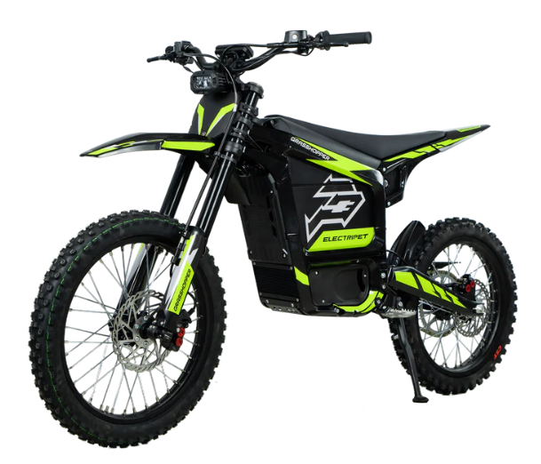 Howling Moto Grasshopper SE electric dirt bike with 72V 60Ah battery and 12.5kW mid-drive, shown in a side view.