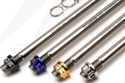 Steady Garage Chimera Engineering GR-5 titanium axle shaft with nuts, M12 x 265mm, for front grom, monkey, and Dax motorcycles.