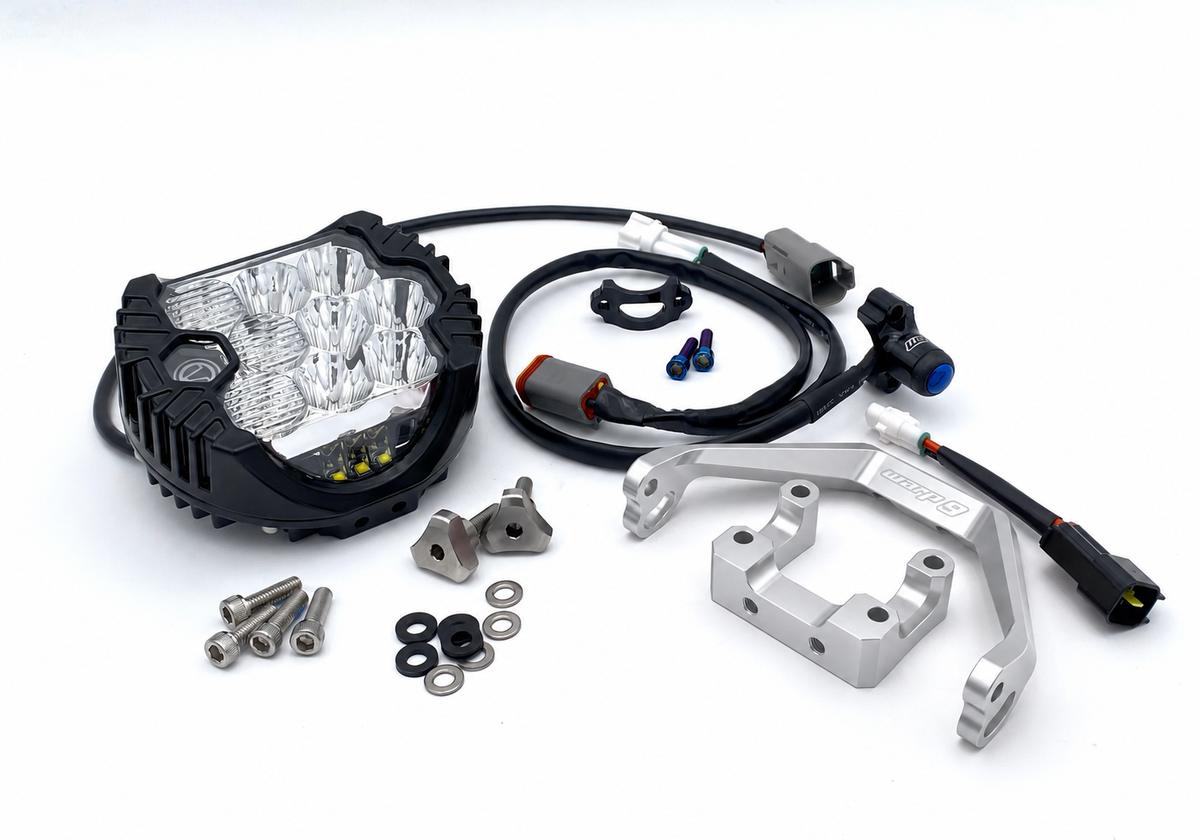 Warp 9 E-Moto Big Light Kit headlight with silver anodized bracket and clamps, 50W 5000 lumen LED for Sur-ron, Talaria, E-Ride.