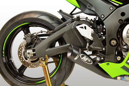 Black M4 GP19 slip-on exhaust for 2016-2020 Kawasaki ZX10, with sleek design and exhaust tip, by Bill's Exhausts.