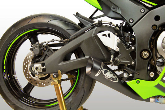 Black M4 GP19 slip-on exhaust for 2016-2020 Kawasaki ZX10, with sleek design and exhaust tip, by Bill's Exhausts.