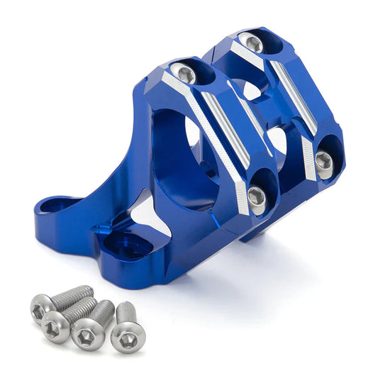 Blue solid-mount handlebar riser for Surron LBX, Talaria, E Ride Pro, and Rawrr Mantis X e-bikes by eDirtyBike.