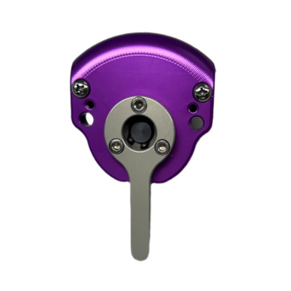 Purple eDirtyBike steering damper for Surron Ultra Bee, mounted on the handlebar for enhanced stability and control.