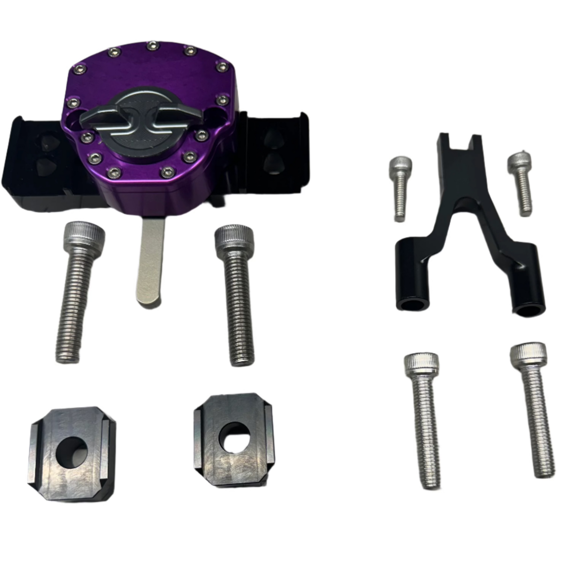 Purple eDirtyBike steering damper for Surron Ultra Bee electric bike, providing stability and smooth handling.