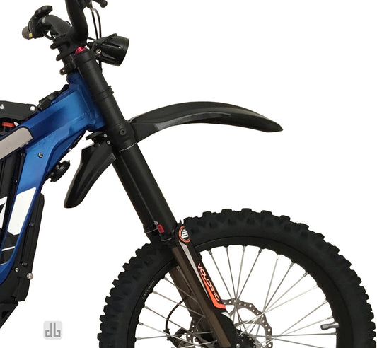 eDirtyBike Fat Boy front fender for Sur-Ron LBX, Talaria Sting MX3, MX4 electric dirt bikes, lightweight mud guard in black.