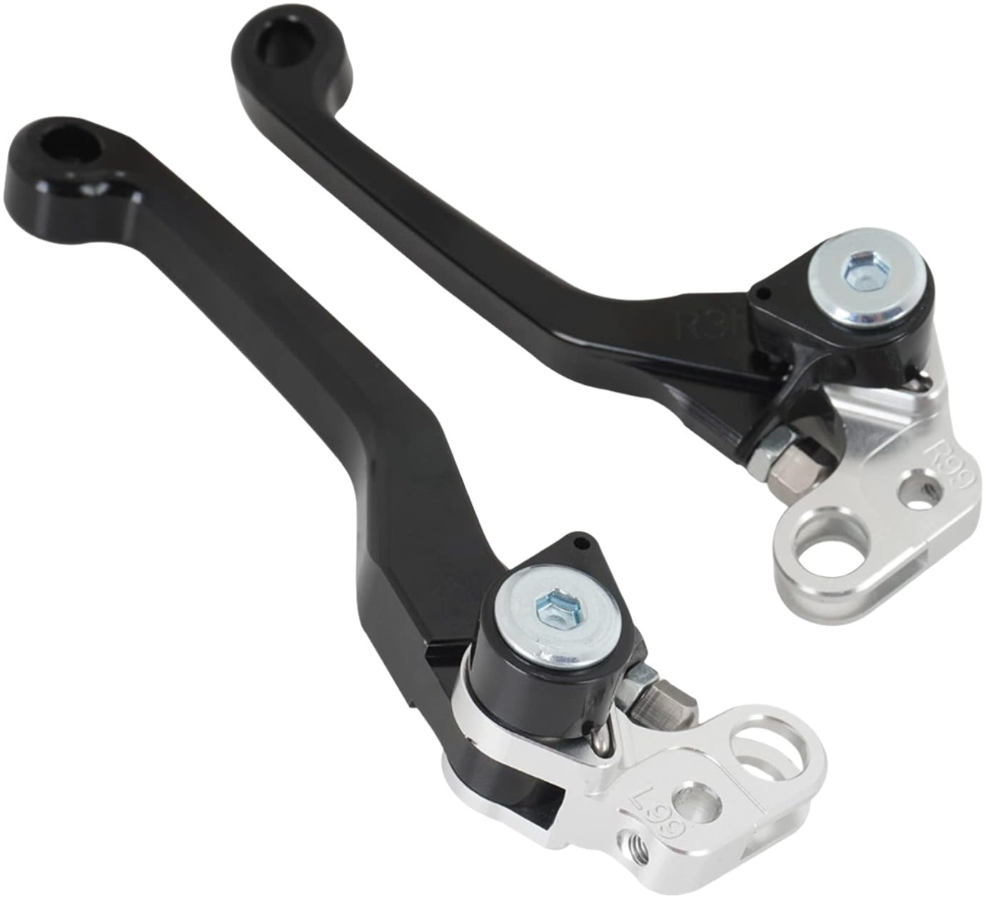 Black aluminum brake lever set for Surron LBX and Talaria Sting electric bikes by eDirtyBike, featuring break-away folding design.