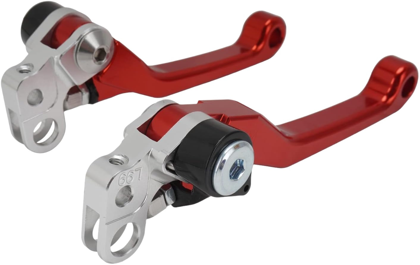 Red aluminum brake lever set for Surron LBX and Talaria Sting electric bikes, durable fold-away design by eDirtyBike.