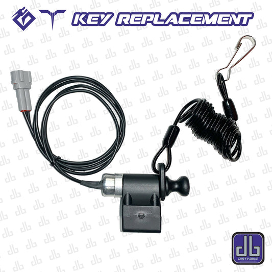 E dirtyBike safety tethered kill switch for Surron LBX, Talaria, Ultra Bee, and E Ride Pro electric bikes, keyless design visible in image.