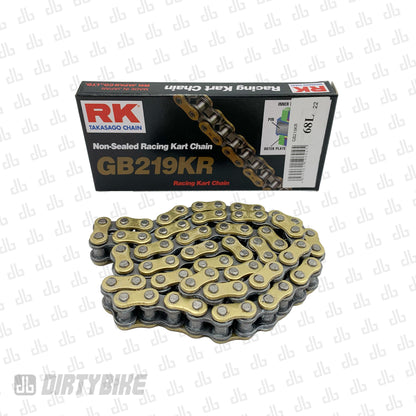 Surron LBX primary belt to chain conversion kit by eDirtyBike, gold replacement chain with 219 RK non-sealed chain drive.