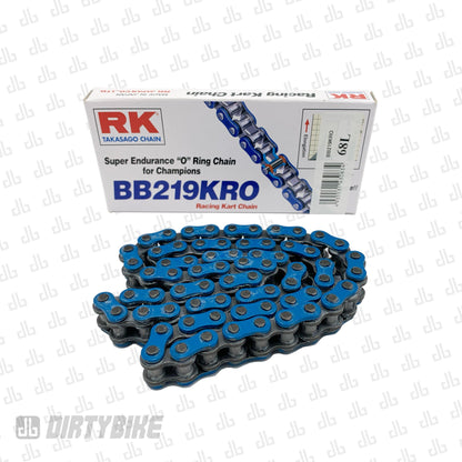 eDirtyBike Surron Light Bee chain drive conversion kit with blue RK sealed O-ring chain for primary belt to chain conversion.