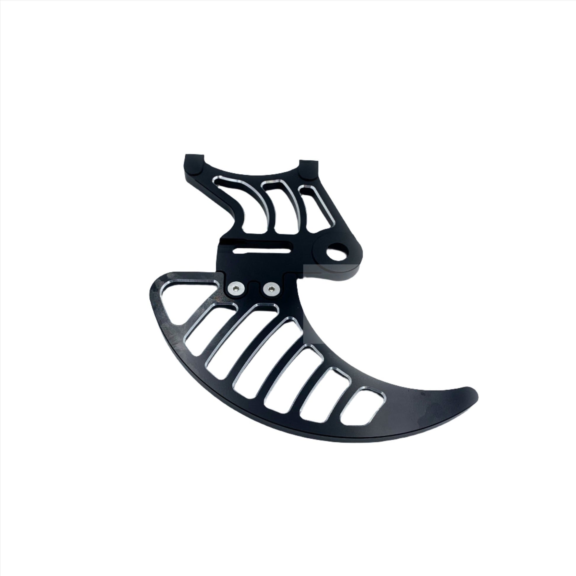 Black aluminum rear brake disk guard for Surron LBX, designed to protect the brake rotor from debris and damage.