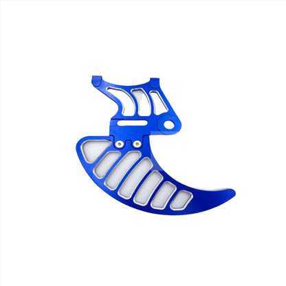 Blue aluminum rear brake disk guard for Surron LBX electric bike, designed to protect the brake rotor.