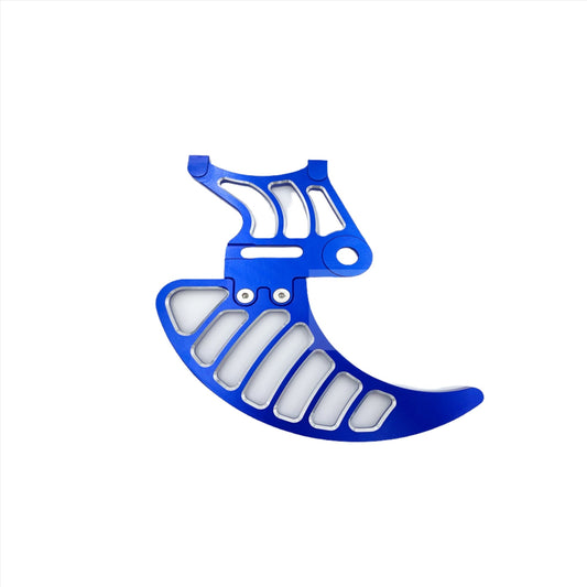 Blue aluminum rear brake disk guard for Surron LBX electric bike, designed to protect the brake rotor.