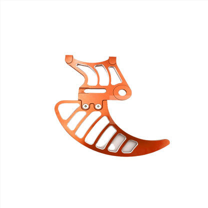 Orange aluminum rear brake disk guard for Surron LBX electric bike by eDirtyBike, providing protection for the brake rotor.
