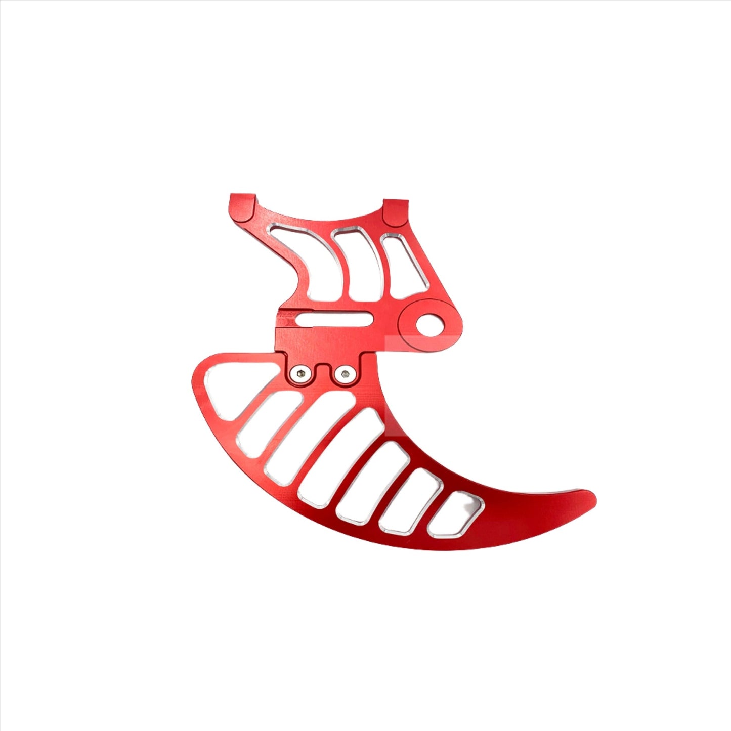 Red aluminum rear brake disk guard for Surron LBX electric bike, designed to protect the brake rotor.