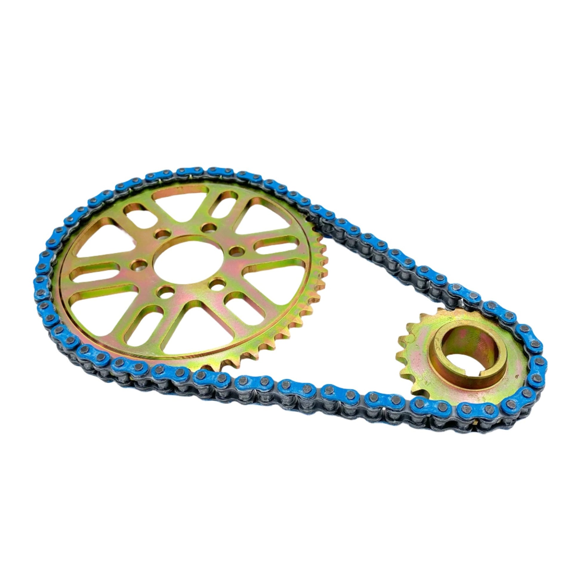 eDirtyBike Primary Belt to Chain Conversion Kit with 219 RK sealed O-ring chain for Surron-LBX electric bike, blue color.