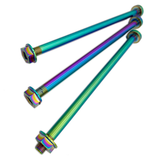 eDirtyBike titanium intermediate shaft for Surron LBX electric bike, showing a rainbow-colored axle with precise machining details.