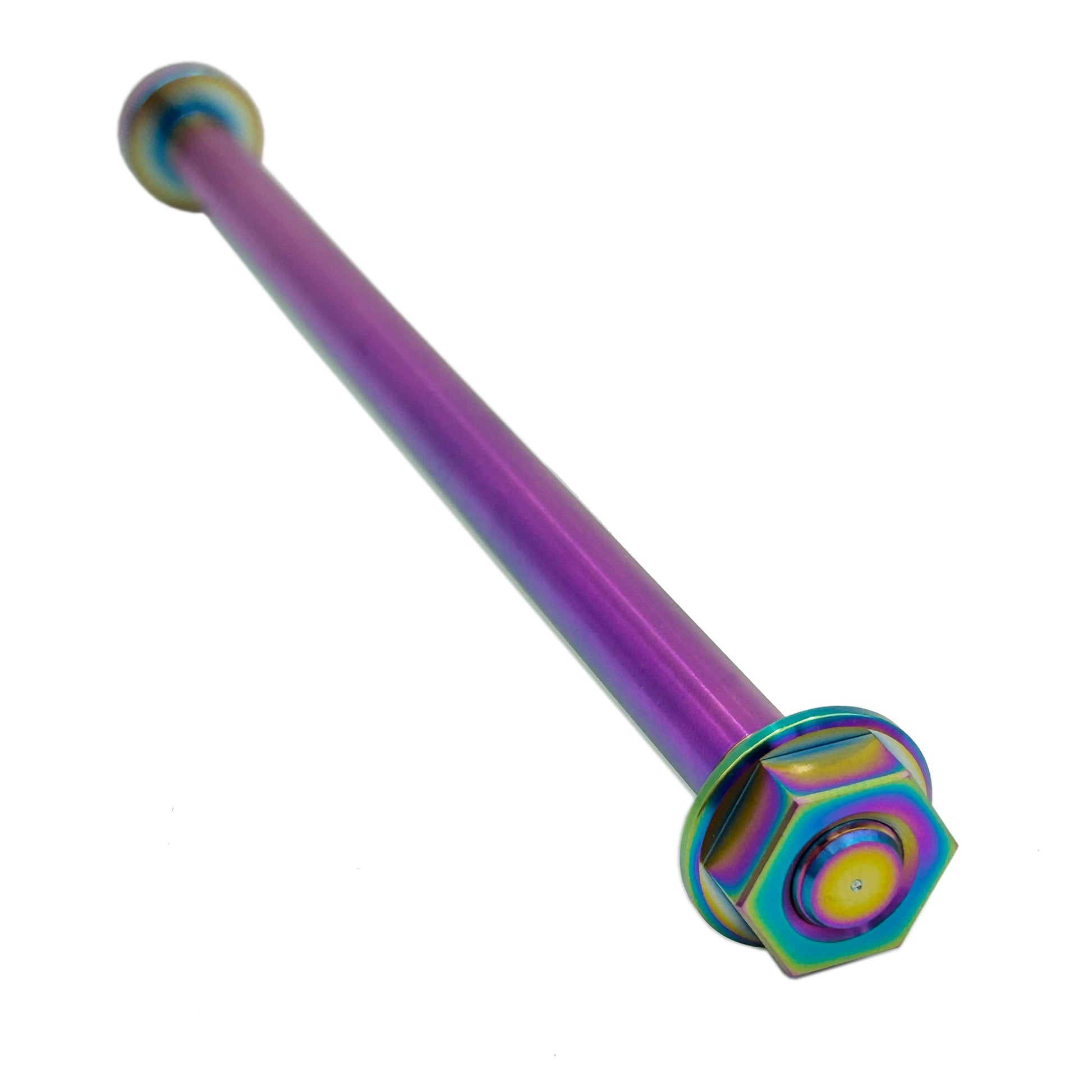 Titanium intermediate axle for Surron LBX electric bike, showing a rainbow finish on the eDirtyBike brand shaft.