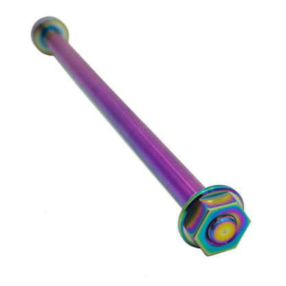 Titanium intermediate axle for Surron LBX electric bike, showing a rainbow finish on the eDirtyBike brand shaft.