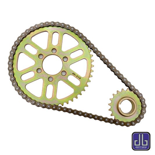 KMC 219 primary belt to economy chain conversion kit for Surron Light Bee LBX, featuring chain drive components by eDirtyBike.
