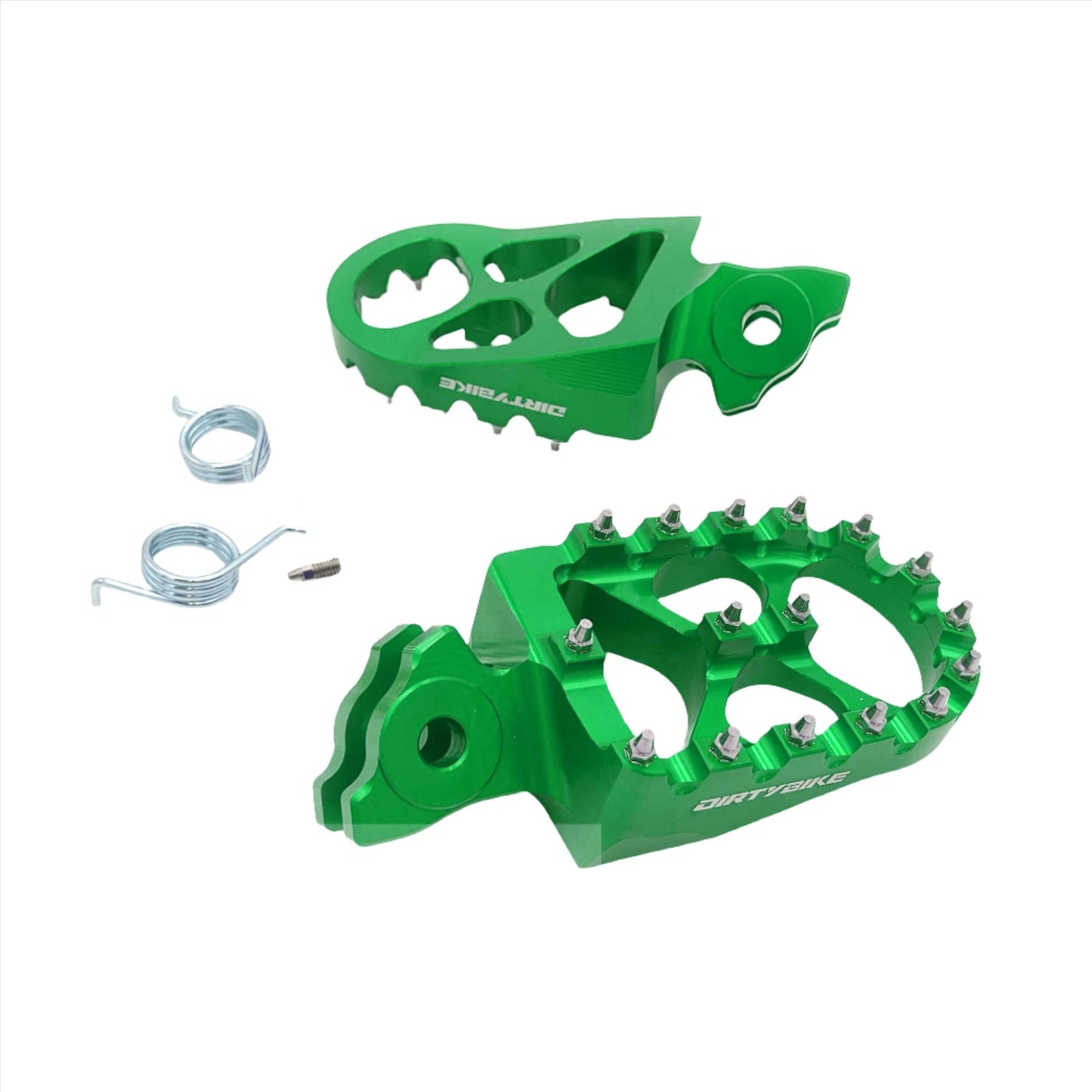 Green CNC aluminum foot pegs for Surron Light Bee DB by eDirtyBike, designed for Talaria MX, X3, and LBX models.