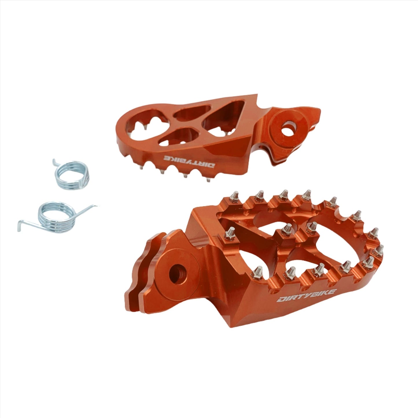 Orange CNC aluminum foot pegs for Surron Light Bee DB, designed by eDirtyBike for Talaria MX and X3 off-road bikes.