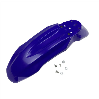 Blue Fat Boy front fender for Surron Light Bee DB, Talaria Sting MX3, MX4 eDirtyBike e-bike, mounted on the motorcycle.