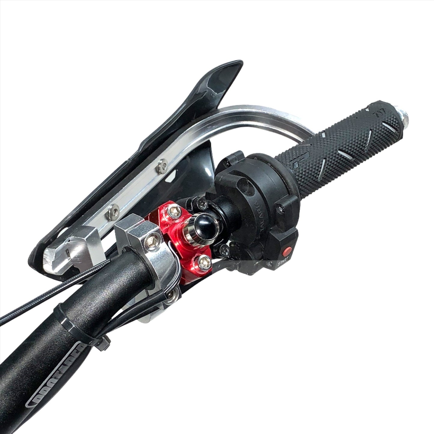 eDirtyBike headlight switch for Surron LightBee DB and Talaria Sting MX3 bikes, mounted on the bike's handlebar.