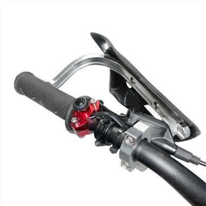 Aluminum horn button switch for Talaria Sting MX3 eBike, mounted on Surron Light Bee bike frame.