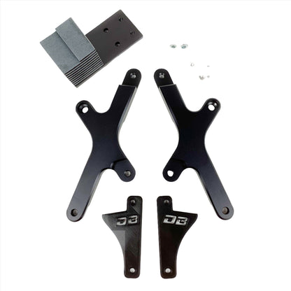 Black Surron Light Bee LBX seat riser kit by eDirtyBike, showing the elevated seat and mounting hardware for improved rider comfort.
