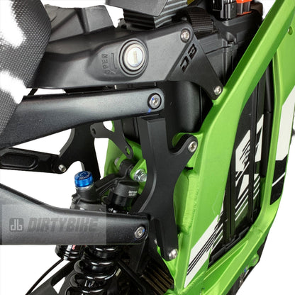 eDirtyBike Surron Light Bee LBX seat riser X-Tension Kit installed on bike, elevating the seat for improved comfort and riding position.