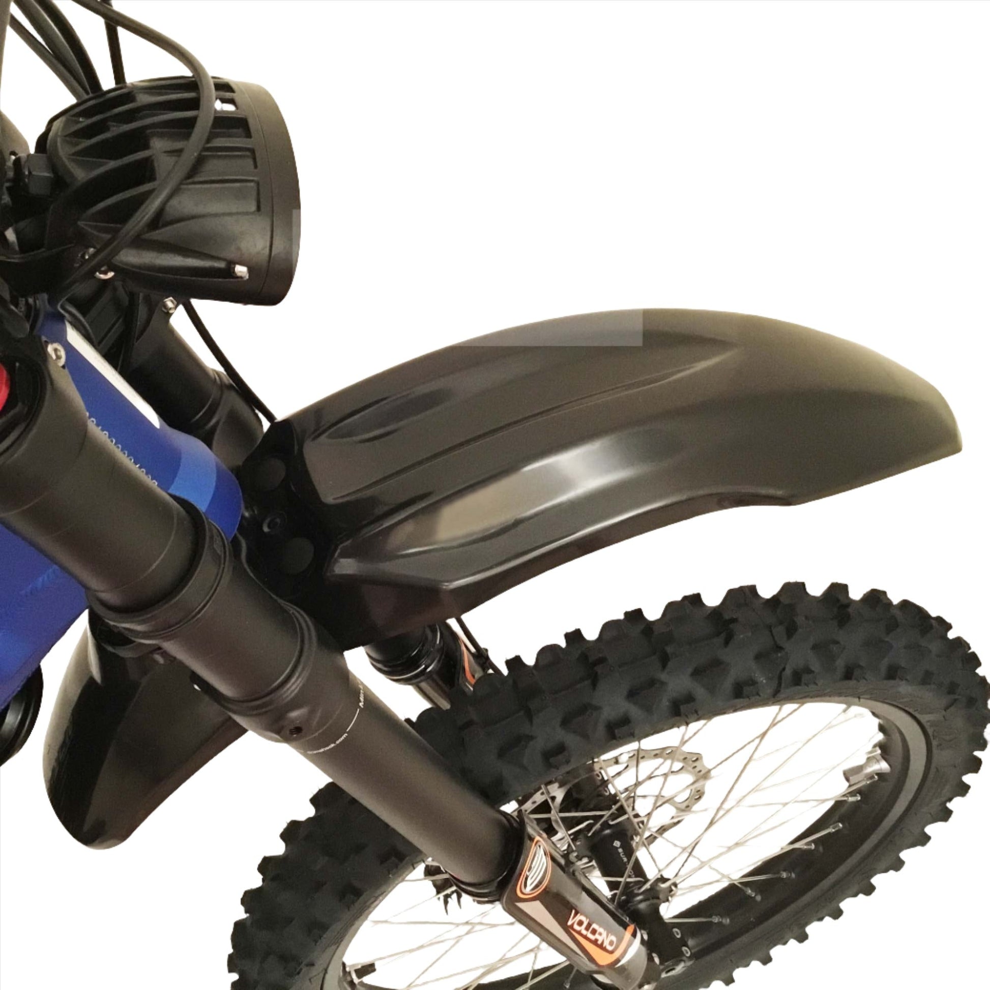 eDirtyBike Fat Boy front fender on Surron LBX light electric bike, with Talaria Sting MX3/MX4 style design visible.