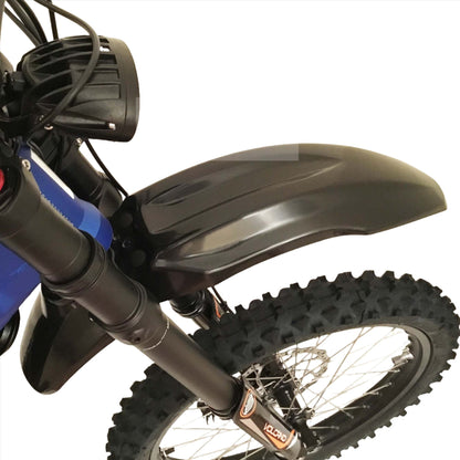 eDirtyBike Fat Boy front fender on Surron LBX light electric bike, with Talaria Sting MX3/MX4 style design visible.