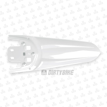 White rear fender for Surron Light Bee LBX, GEN2 model, by eDirtyBike, shown installed on the bike with a close-up view.
