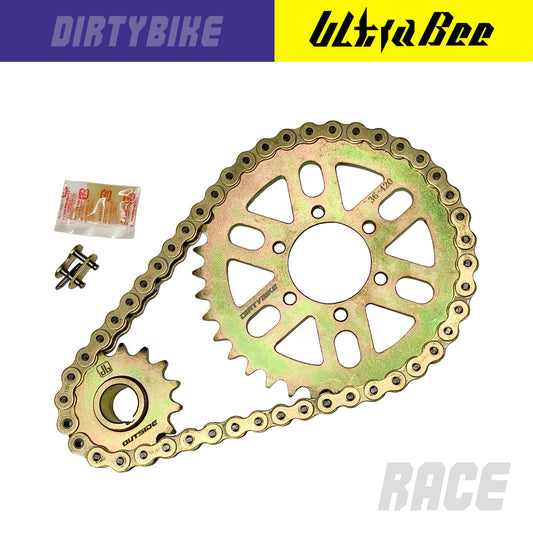 eDirtyBike Race Primary Belt to Chain Conversion Kit for Surron Ultra Bee 420 RK MXZ chain drive conversion with components visible.