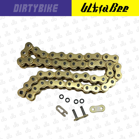 Surron Ultra Bee 420 primary drive sealed X-ring replacement chain for electric dirt bikes, shown on a chain drive system.