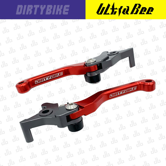 Red CNC aluminum folding brake lever set for Surron Ultra Bee eBike, featuring durable construction and ergonomic design.