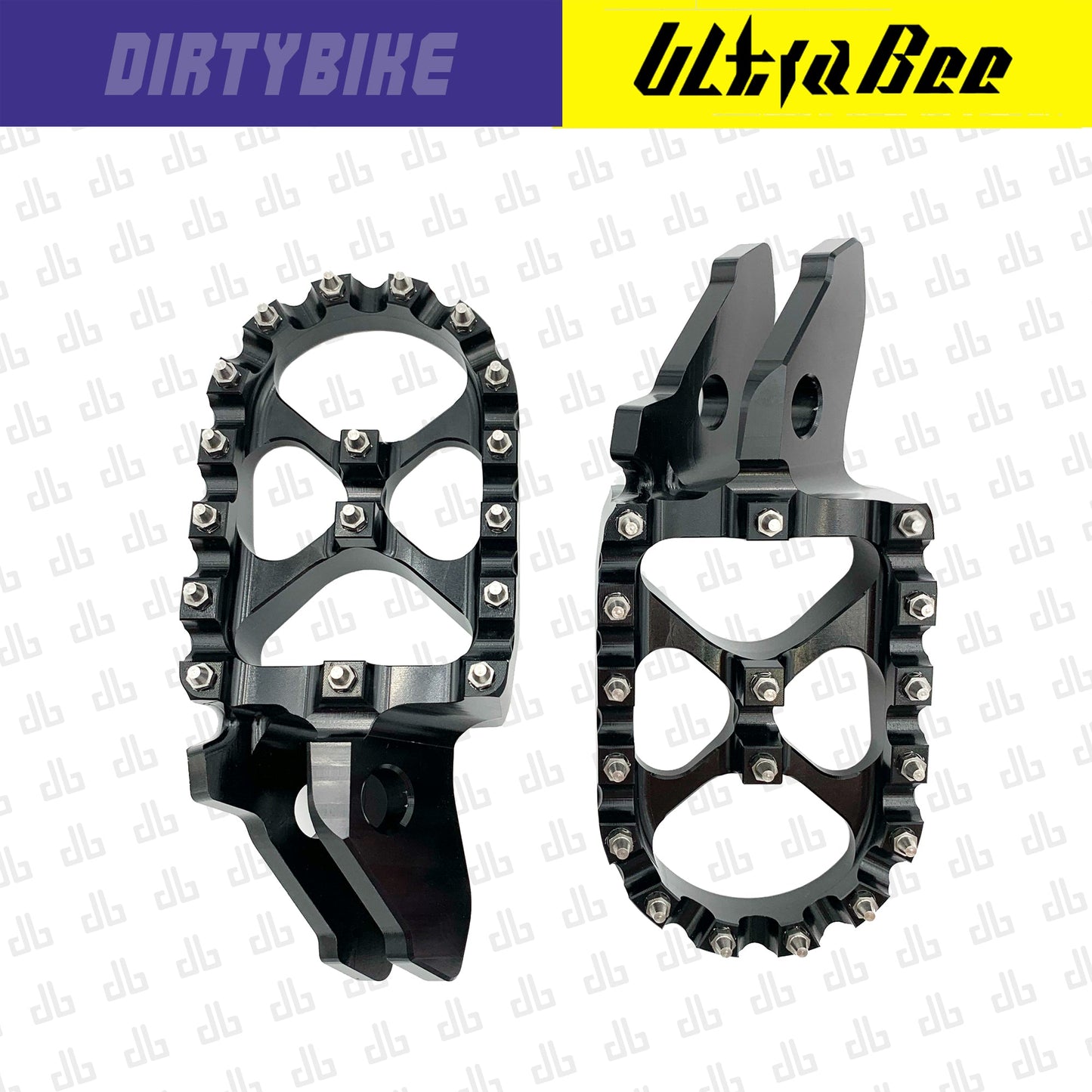 Black aluminum CNC foot pegs for Sur-Ron Ultra Bee eDirtyBike, heavy-duty motorcycle foot pegs for off-road riding.