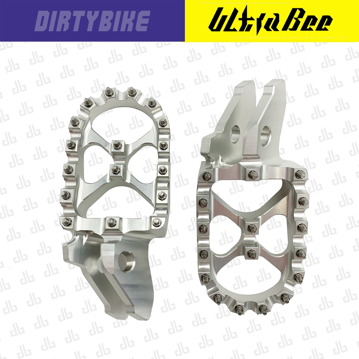 Silver aluminum CNC foot pegs for Sur-Ron Ultra Bee eDirtyBike, heavy-duty motorcycle foot pegs with durable construction.