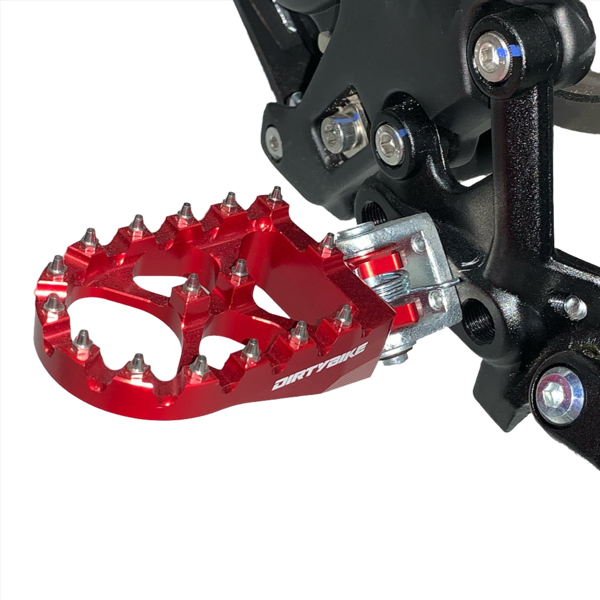 CNC aluminum foot pegs on Surron Ultra Bee dirt bike, designed for Talaria MX, X3, LBX, and E Ride Pro models by eDirtyBike.