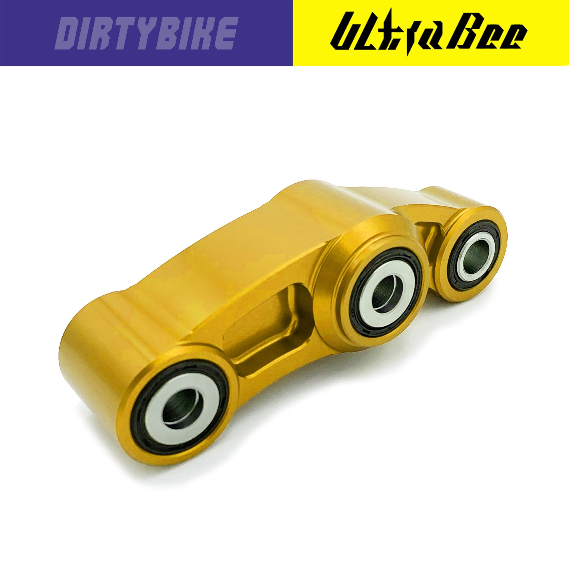 CNC aluminum suspension linkage for Surron Ultra Bee eBike, gold-colored eDirtyBike suspension linkage component.
