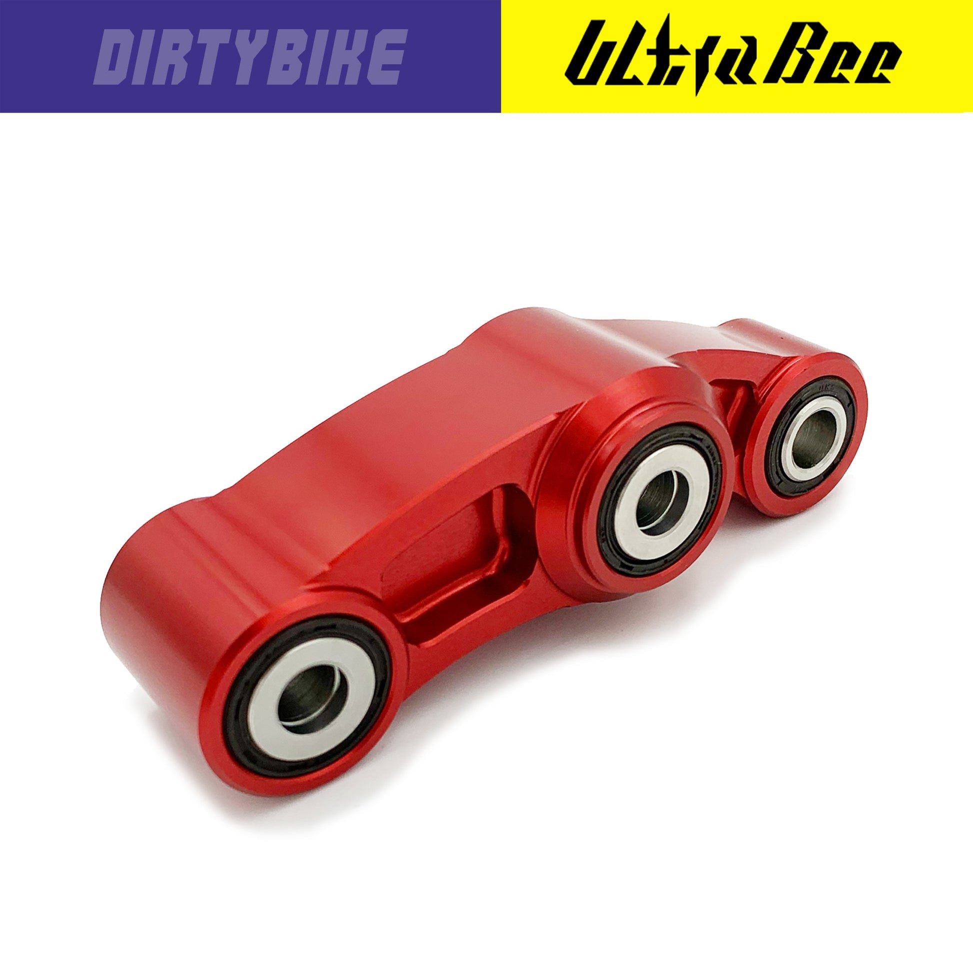 Red CNC aluminum suspension linkage for Surron Ultra Bee electric bike by eDirtyBike, showing close-up of the sleek, durable component.