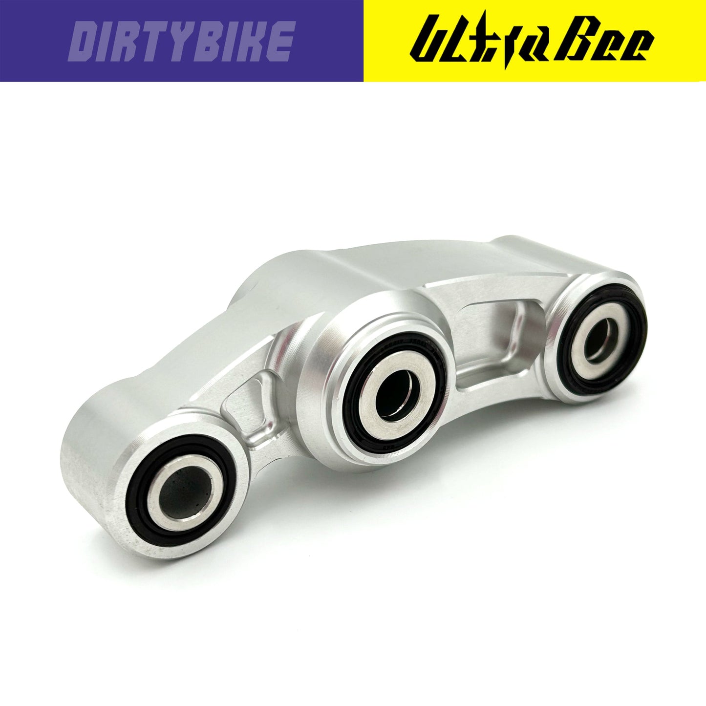 CNC aluminum suspension linkage for Surron Ultra Bee electric bike by eDirtyBike, silver-colored and designed for enhanced ride stability.
