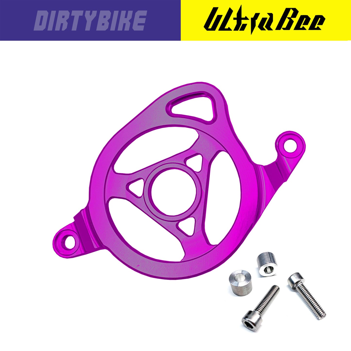 CNC aluminum motor sprocket cover for Surron Ultra Bee eDirtyBike, designed to protect and enhance the motor area.