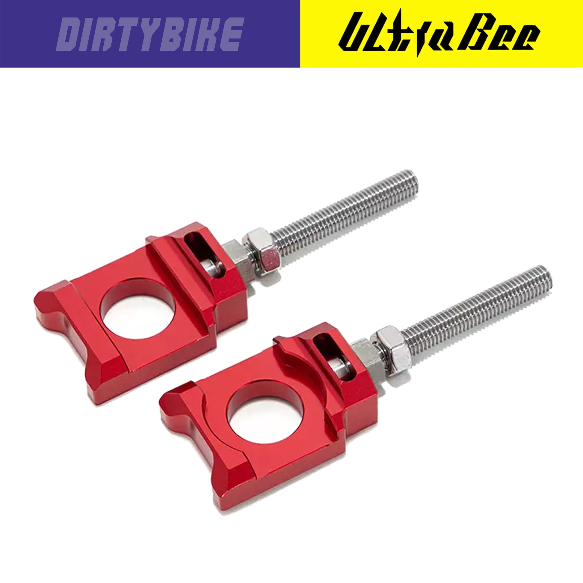 Red aluminum axle blocks for Surron Ultra Bee electric bike by eDirtyBike, designed for secure wheel attachment and stability.