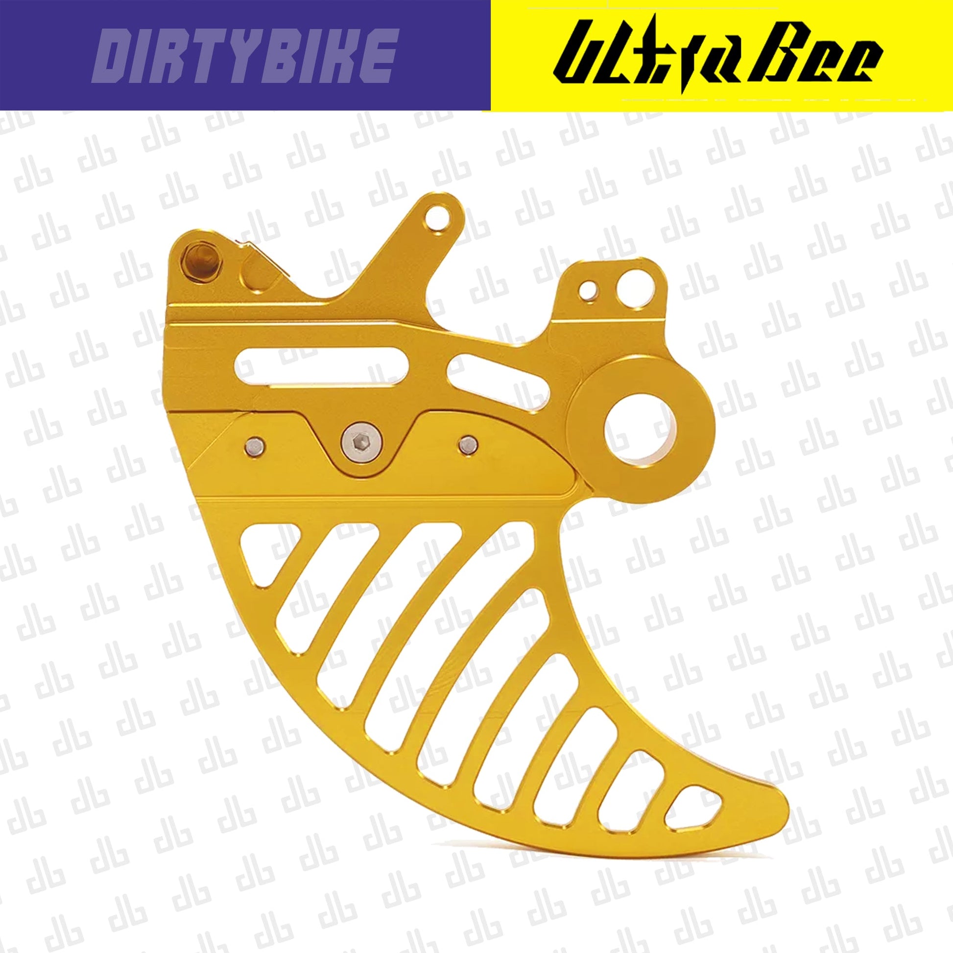 Gold aluminum rear brake disk guard for Surron Ultra Bee electric bike, designed to protect the brake rotor.