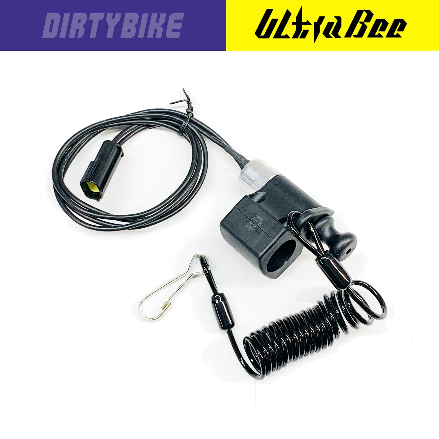 eDirtyBike safety tether kill switch for Surron Ultra Bee, Talaria, and E Ride Pro electric bikes, shown as a compact key replacement.