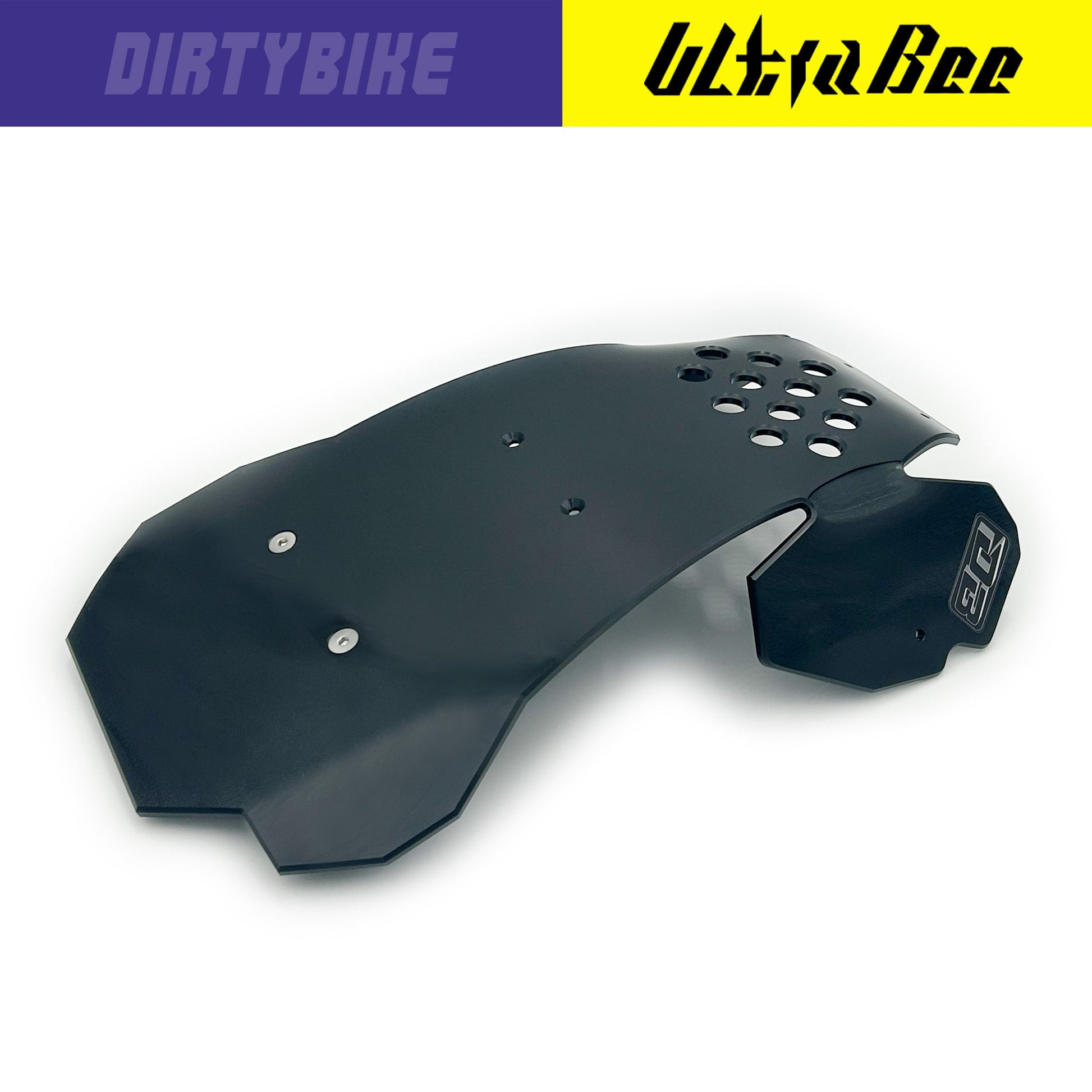 Shiny black eDirtyBike skid plate designed for Surron Ultra Bee electric bike, providing protection for the bike's underside.