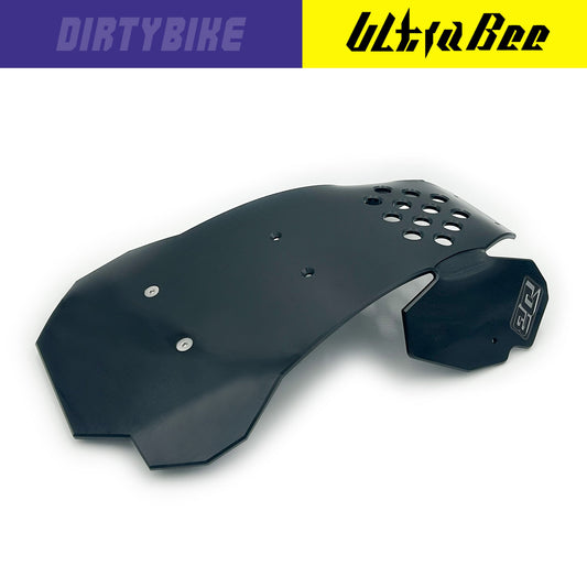 Shiny black eDirtyBike skid plate designed for Surron Ultra Bee electric bike, providing protection for the bike's underside.